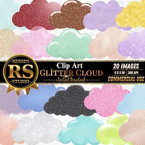 May include: A collection of twenty digital cloud-shaped clip art images featuring various glitter textures in colours including red, brown, purple, yellow, gold, pink, mint, blue, black, silver, and lime green, with text reading REXSEN RS STUDIO GLITTER CLOUD.