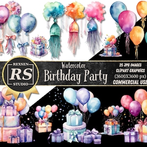 25 Watercolor Birthday Party Cake Present Balloons Clipart Bundle, Happy Birthday Collection, Birthday Cards Invitations, Commercial Use