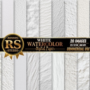 Puede incluir: Una colección de 20 texturas de papel digital de acuarela blanco con diversas superficies en relieve y rugosas. Una banda negra en el centro muestra el texto REXSEN RS STUDIO WHITE WATERCOLOR DIGITAL PAPER 20 IMAGES 12 X 12 IN 300 DPI COMMERCIAL USE.