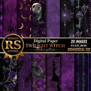 May include: A collection of 20 digital paper seamless patterns featuring dark purple and black themes. Designs include an owl, crescent moons, spider webs, ornate keys with purple gems, roses, a black cat, and a witch silhouette with text REXSEN RS STUDIO.