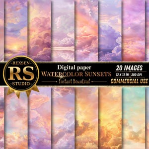 May include: A collection of 20 digital paper sheets featuring watercolor sunset sky patterns in shades of pink, purple, orange, and yellow. A black banner across the center displays the text REXSEN RS STUDIO, Digital paper, WATERCOLOR SUNSETS, 20 IMAGES, 12 x 12 IN, 300 DPI, and Instant Download.