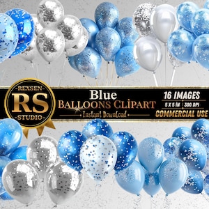 Könnte beinhalten: Eine Ansammlung von blauen und silbernen Luftballons, einige mit Konfetti, vor einem hellen Hintergrund. Das Bild enthält den Text "Blue Balloons Clipart" und "16 Images".