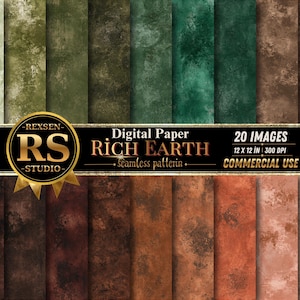 Könnte beinhalten: Eine Sammlung von 20 digitalen Papieren mit nahtlosen Mustern namens Rich Earth, die texturierte Oberflächen in Grün-, Braun- und Kupfertönen zeigen. Das Bild enthält ein goldenes Logo mit dem Text REXSEN RS STUDIO und 12 x 12 in 300 DPI.