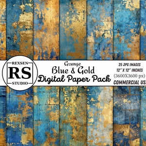 Grunge Blau und Gold digitales Papier, Goldtexturen, bedruckbares Scrapbook Papier mit Goldfolie und rustikalem lila Hintergrund