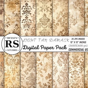Light Tan Damask Pattern Paper, Shabby Damask, Vintage Damask, Grunge Pattern, Tattered Paper, Junk Journal, Digital Download, Digital Paper