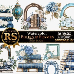 Puede incluir: Ilustración digital en acuarela con pilas de libros azules, arreglos florales con rosas blancas y azules y marcos decorativos. La imagen incluye texto que dice "Watercolor Books & Frames" y "20 Images".