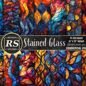 Stained Glass Seamless Patterns - Stained Glass Digital Papers, 25 Designs, 12&quot;x12&quot;, Stained Glass Sublimation, Commercial Use, Scrapbooking