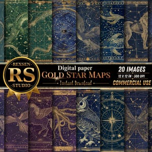 May include: A collection of twenty digital papers featuring gold star maps, celestial constellations, and mythological creatures like owls, horses, and octopuses on dark blue, green, and purple backgrounds with the text REXSEN RS STUDIO GOLD STAR MAPS.
