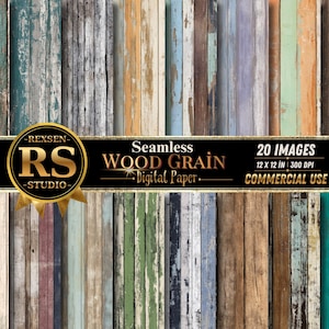 May include: A collection of 20 seamless digital paper images featuring weathered wood grain textures in various colors including red, blue, green, and orange. A black banner displays the text REXSEN RS STUDIO Seamless WOOD GRAIN Digital Paper 20 IMAGES 12 X 12 IN 300 DPI COMMERCIAL USE.