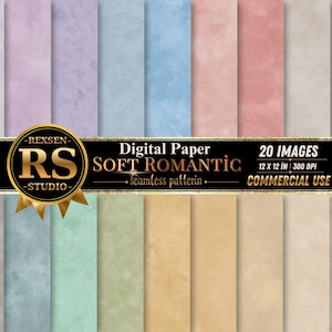 May include: A collection of 20 digital paper seamless patterns in soft pastel colors including lavender, blue, pink, green, and beige. A black horizontal banner features the text REXSEN RS STUDIO, Digital Paper SOFT ROMANTIC, 20 IMAGES, 12 x 12 IN, 300 DPI, COMMERCIAL USE.