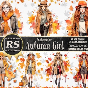 Watercolor Autumn girl clipart png, fashion girl clipart, woman autumn watercolor in PNG format, Autumn Planner Graphics, Girl Illustration