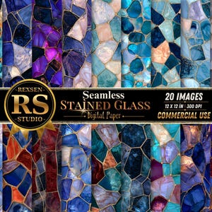 May include: A collection of 20 seamless digital paper images featuring stained glass patterns with gold grout lines. The designs display various colours including blue, purple, teal, and orange. Text reads: REXSEN RS STUDIO Seamless STAINED GLASS Digital Paper 20 IMAGES 12 X 12 IN 300 DPI COMMERCIAL USE.