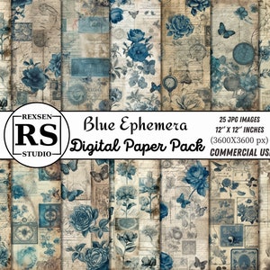 Blue Ephemera digital paper, instant download vintage scrapbook paper, old paper textures, decoupage printable digital backgrounds