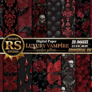 Könnte beinhalten: Ein digitales Papier-Set mit einem gotischen Thema. Die Designs zeigen Totenköpfe, Rosen, Fledermäuse und Damastmuster in Rot- und Schwarztönen. Der Text auf dem Bild lautet "LUXURY VAMPIRE" und "20 IMAGES".