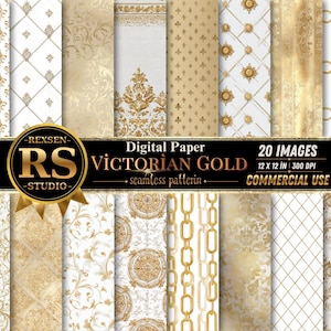 May include: A collection of twenty digital paper designs featuring gold and white patterns, including damask, fleur-de-lis, chains, and geometric grids. The central black banner displays the text REXSEN RS STUDIO Digital Paper VICTORIAN GOLD.