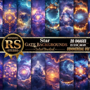 Può includere: Una collezione di 20 immagini digitali con sfondi cosmici vibranti. Le immagini mostrano nebulose vorticose, motivi celesti e globi luminosi in tonalità di blu, viola e oro. Il testo recita "Star Gate Backgrounds" e "Commercial Use".