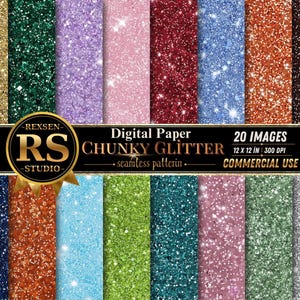 Pode incluir: Uma coleção de 20 imagens de papel digital com texturas de glitter grosso em várias cores, incluindo dourado, verde, roxo, rosa, vermelho, azul, laranja, marrom, azul marinho, limão, cerceta e prata. O texto diz REXSEN RS STUDIO Digital Paper CHUNKY GLITTER.