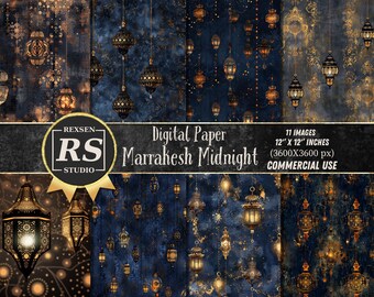 Marrakesh Midnight Digital Paper Pack, Moroccan Lantern Backgrounds, Boho Night Textures JPG PDF, Printable Exotic Scrapbook Paper