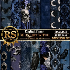 Puede incluir: Una colección de 20 papeles digitales con patrones sin costuras titulada Midnight Witch de REXSEN RS STUDIO. Los diseños presentan motivos en azul oscuro y negro que incluyen calaveras, lunas crecientes, cuervos, búhos y rosas.