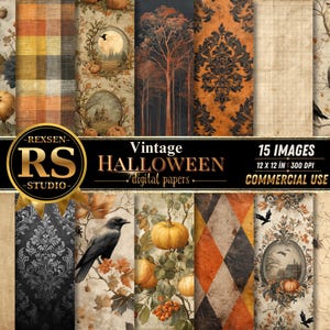 May include: A collection of 15 digital papers featuring vintage Halloween themes including pumpkins, black crows, owls, spiders, damask patterns, and autumn foliage in orange, black, and beige tones, labeled 12 x 12 in 300 DPI by REXSEN RS STUDIO.