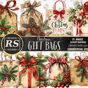 Rustieke kerstcadeautassen clipartset – vintage kerstcadeaus, gezellige kerst clipart png voor kerstkaarten, knutselen, sublimatie