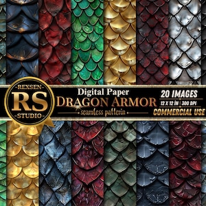 Puede incluir: Un conjunto de papel digital con 20 imágenes de escamas de armadura de dragón en varios colores. Las escamas tienen una apariencia texturizada y están dispuestas en un patrón continuo. La imagen incluye el texto "Digital Paper Dragon Armor" y "Commercial Use."