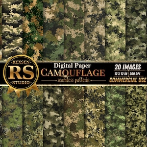 Puede incluir: Una colección de 20 archivos de papel digital con varios patrones de camuflaje en tonos verdes, marrones y negros. Un logotipo circular dorado con el texto REXSEN RS STUDIO se muestra junto al texto Digital Paper CAMOUFLAGE 12 X 12 IN 300 DPI.