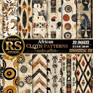 Könnte beinhalten: Eine Sammlung von 20 afrikanischen Stoffmustern mit verschiedenen Designs, darunter Zebras, Nashörner und geometrische Formen. Die Muster sind in Erdtönen von Braun, Orange und Schwarz gehalten. Der Text lautet "African Cloth Patterns" und "Commercial Use".