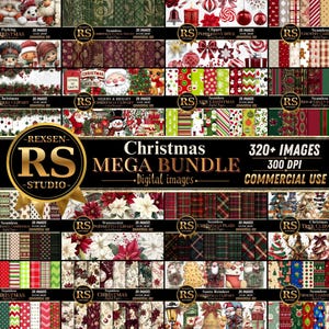 Può includere: Un mega pacchetto digitale natalizio con oltre 320 immagini a 300 DPI per uso commerciale. La collezione include vari motivi, clipart e illustrazioni di Babbo Natale, renne, stelle di Natale e disegni a quadri in rosso, verde e oro.