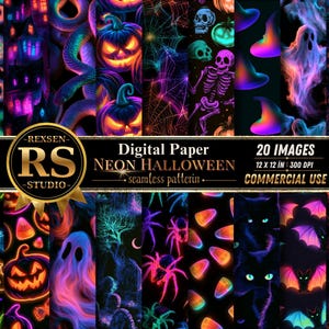 May include: A collection of 20 digital paper designs featuring neon Halloween patterns on a black background. The images include glowing pumpkins, ghosts, skeletons, spiders, bats, and candy corn. Text reads: REXSEN RS STUDIO Digital Paper NEON HALLOWEEN seamless pattern 20 IMAGES 12 X 12 IN 300 DPI COMMERCIAL USE.