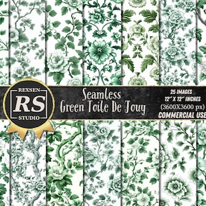 Green Toile De Jouy Digital Paper, Vintage Floral Patterns, Green And White Chinoiserie Backgrounds, Digital Scrapbook Paper, French Toile