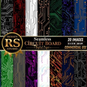 May include: A collection of 20 digital paper designs featuring seamless circuit board patterns in various colors including red, blue, green, purple, black, and white. A central black banner displays the text REXSEN RS STUDIO, Seamless CIRCUIT BOARD Digital Paper, 20 IMAGES, 12 x 12 IN, 300 DPI, and COMMERCIAL USE.