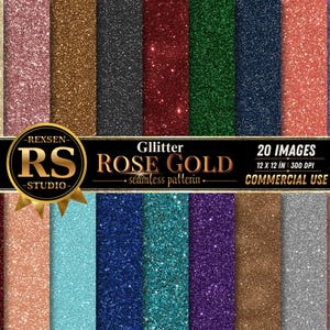 May include: A collection of 20 seamless glitter pattern digital images in various colors including gold, rose gold, black, red, green, blue, purple, silver, and teal. A central black banner displays the text REXSEN RS STUDIO Glitter ROSE GOLD.
