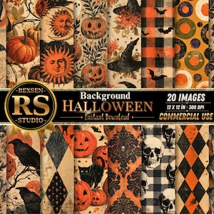 May include: A collection of 20 digital Halloween-themed background patterns featuring pumpkins, black cats, skulls, ravens, ghosts, witch hats, bats, and candy corn. The designs include damask prints, plaid, and geometric shapes in orange and black.