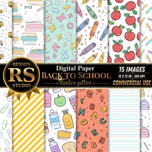Peut inclure: Une collection de 15 papiers numériques à motifs continus présentant des illustrations sur le thème de l'école, notamment des bus jaunes, des livres empilés, des crayons, des pommes rouges, des trombones et des sacs à dos au format 30,48 x 30,48 cm.