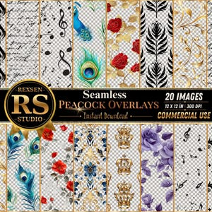 Könnte beinhalten: Eine Sammlung von 20 nahtlosen Pfau-Overlay-Bildern, jeweils 12 x 12 Zoll (30,48 x 30,48 cm) bei 300 DPI, mit Designs wie Pfauenfedern, Rosen, Noten und Kronen. Für kommerzielle Nutzung.