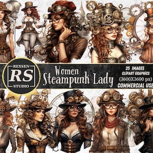 Zestaw clipartów Steampunk Women Steampunk PNG Przezroczyste tło PNG Planer PNG Natychmiastowe pobieranie Papierowe rzemiosło Junk Journal