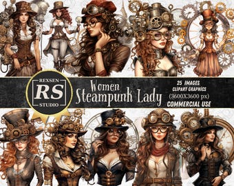 May include: A digital clipart set of 25 images featuring steampunk women with intricate gears, clockwork, and Victorian-inspired attire. The images are 3600x3600 pixels and are for commercial use.