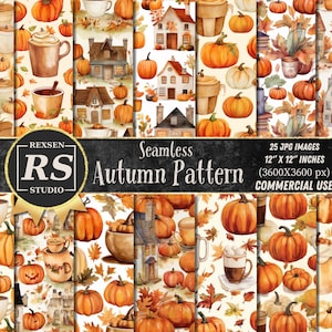 Watercolor Fall Seamless Patterns, Autumn Pumpkin Digital Paper, 25 Designs, 12&quot;x12&quot;, Pumpkin Spice Latte, Autumn Background, Commercial