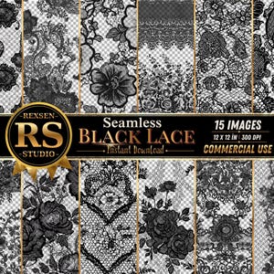 May include: A collection of 15 seamless black lace digital patterns featuring intricate floral and botanical motifs. The image includes a gold logo with the text REXSEN RS STUDIO, Seamless BLACK LACE, 15 IMAGES, 12 X 12 IN, 300 DPI.
