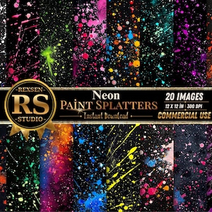 May include: A collection of 20 digital images featuring neon paint splatters on a black background. The images showcase a variety of vibrant colors, including pink, green, blue, and orange. The text on the image reads "Neon Paint Splatters" and "Commercial Use."
