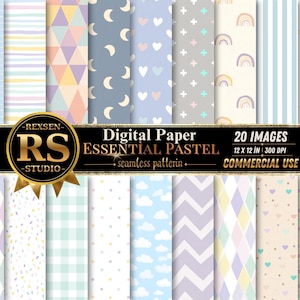 Puede incluir: Una colección de 20 hojas de papel digital con patrones pastel sin costuras que incluyen cuadrículas, triángulos, lunas, corazones, cruces, arcoíris, rayas, estrellas, rombos, confeti, cuadros vichy, puntos, nubes, chevrones y cuadrados en tonos suaves.