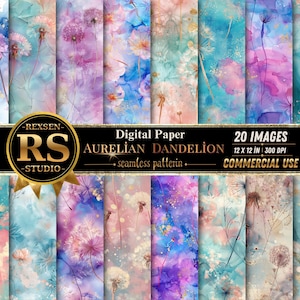 Puede incluir: Una colección de 20 imágenes de papel digital con fondos de acuarela en tonos azules, rosas y morados. Los diseños presentan ilustraciones de diente de león y el texto "AURELIAN DANDELION" y "COMMERCIAL USE". Cada imagen mide 30,48 x 30,48 cm.