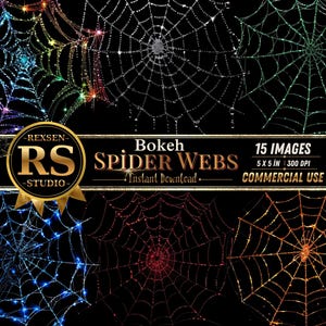 Peut inclure: Plusieurs images numériques de toiles d'araignées colorées sur fond noir. Les images incluent le texte "Bokeh Spider Webs" et "Commercial Use". Les images mesurent 12,7 x 12,7 cm.