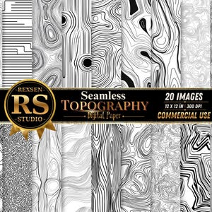 May include: A collection of 20 seamless digital paper images featuring black and white topography line patterns. The central banner displays the text REXSEN RS STUDIO Seamless TOPOGRAPHY Digital Paper 20 IMAGES 12 X 12 IN 300 DPI COMMERCIAL USE.