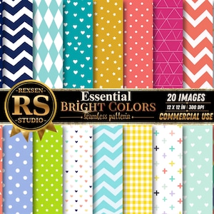 May include: A collection of 20 digital seamless patterns featuring bright colors and various geometric designs including stars, chevrons, diamonds, polka dots, hearts, triangles, and gingham. The image includes the text REXSEN RS STUDIO Essential BRIGHT COLORS 20 IMAGES 12 x 12 IN 300 DPI COMMERCIAL USE.