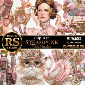 Könnte beinhalten: Eine digitale Sammlung von 15 Clip-Art-Bildern im Steampunk-Stil mit rosa Illustrationen einer Person mit Schutzbrille, einem Fuchs, einem Chamäleon, einer Katze, einem Schwan, einer Eule, einem Heißluftballon, einem Luftschiff und einem Uhrturm.