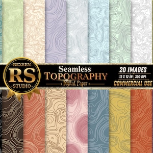 Könnte beinhalten: Eine Sammlung von 20 nahtlosen digitalen Papiermustern mit topografischen Höhenlinien in verschiedenen Farben wie Blau, Grün, Rosa, Orange und Schwarz. Ein zentrales schwarzes Banner zeigt den Text REXSEN RS STUDIO Seamless TOPOGRAPHY Digital Paper 20 IMAGES 12 X 12 IN 300 DPI COMMERCIAL USE.