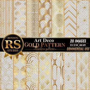 May include: A collection of 20 digital gold patterns featuring various geometric and fan-shaped designs on a transparent background. The central black banner displays the text REXSEN RS STUDIO Art Deco GOLD PATTERN 20 IMAGES 12 x 12 IN 300 DPI.