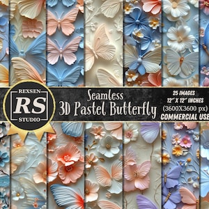 Padrões de borboletas pastel 3D sem costura, pacote com 25 papéis digitais Download instantâneo Uso comercial